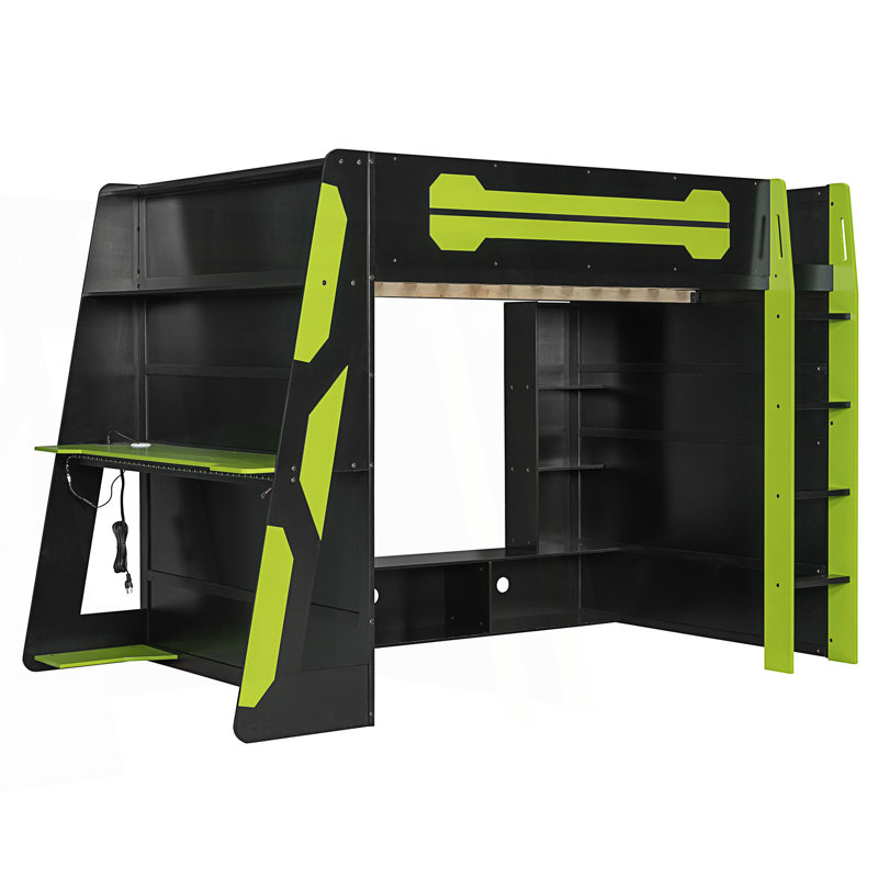 Lit mezzanine double avec bureau, tablettes et lumière RVB, Vert