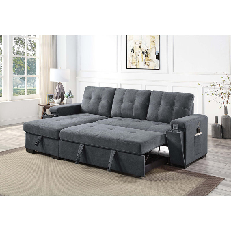 Toby 95" Woven Fabric Reversible Sleeper Sectionals Sofa with Storage Chaise Cup Holder Charging Ports and Pockets