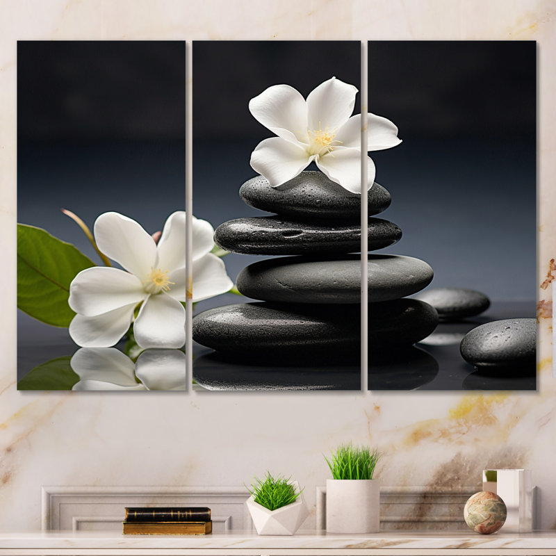«Zen Black River Stone Blooming Magnolias - Lily», reproduction d'art sur toile, H 28 po x l 36 po x P 1 po
