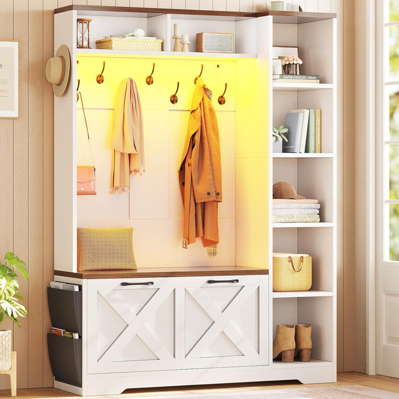 Hall Tree With Bench And Shoe Storage, White