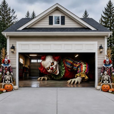 Halloween Garage Door Cover 16x7 FT, Realistic Garage Scene with Creepy Clown Crawling Out Effect, 3D Horror Clown Garage Door Decoration, Full Size Double Garage Banner for Outdoor Halloween Decor