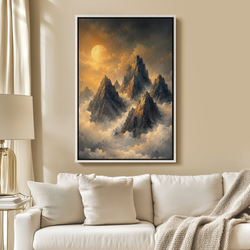 Art mural sur toile encadrée - Coucher de soleil doré spectaculaire sur des sommets de montagnes dentelées - 16 po x 24 po, 24 po x 36 po