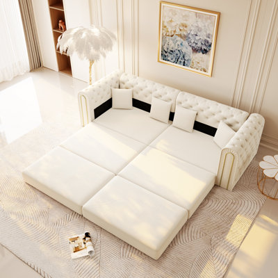 90.6" King-Size Sleeper Sofa Chesterfield Floor Sofa Bed 3-In-1 Convertible Couch With Tufted, Gold Edge Trim, And Foldable Ottoman