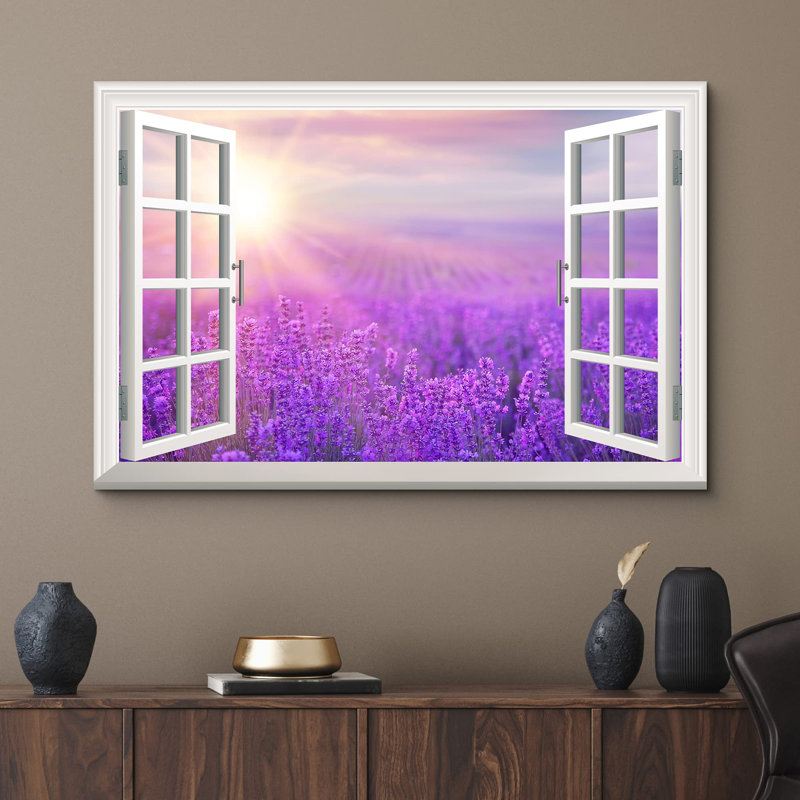 Fenêtre de paysage "Vue de fenêtre de fleurs de lavande au soleil, images de nature rustique, détente, calme et ultra" sur toile