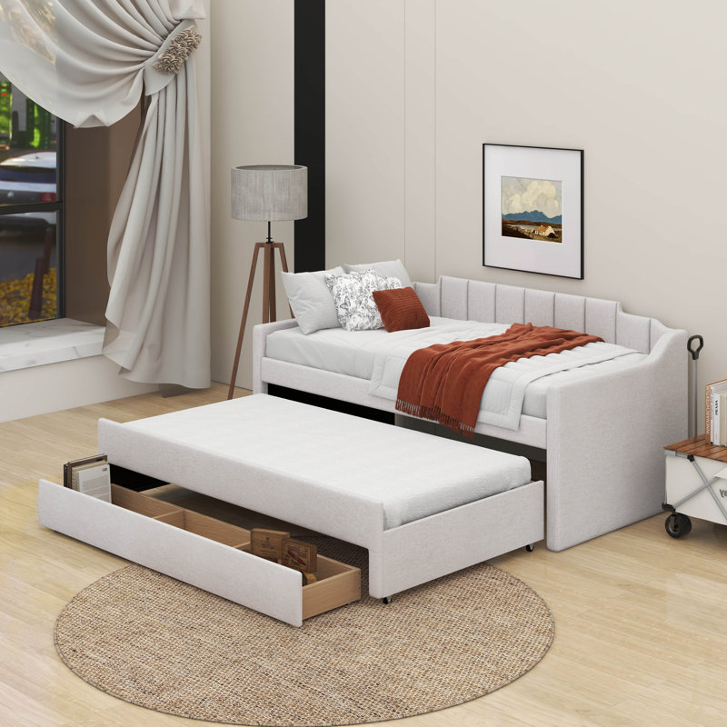 Twin Upholstered Daybed With Trundle And Drawers, Beige