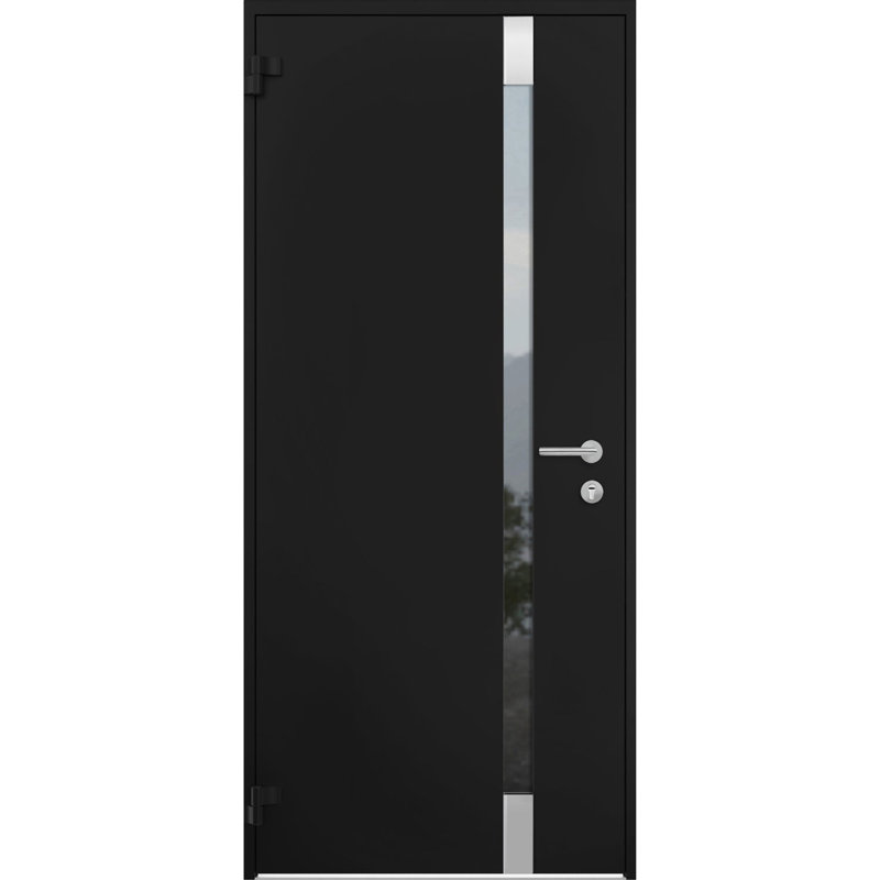 Front Exterior Prehung Steel Door / Cynex 6777 Black / Stainless Inserts Single Modern Painted-W36" x H80"-Right-hand Inswing