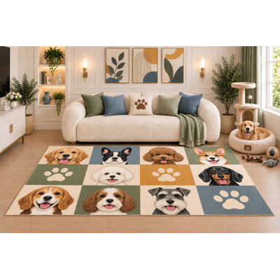 Tapis en patchwork « ultra fin » 152 x 213 cm (5 pi x 7 pi) à motifs de têtes de chiens, portraits de chiots mignons et empreintes de pattes pour salle familiale ou chambre d'animal de compagnie, dos en silicone antidérapant, poils courts.