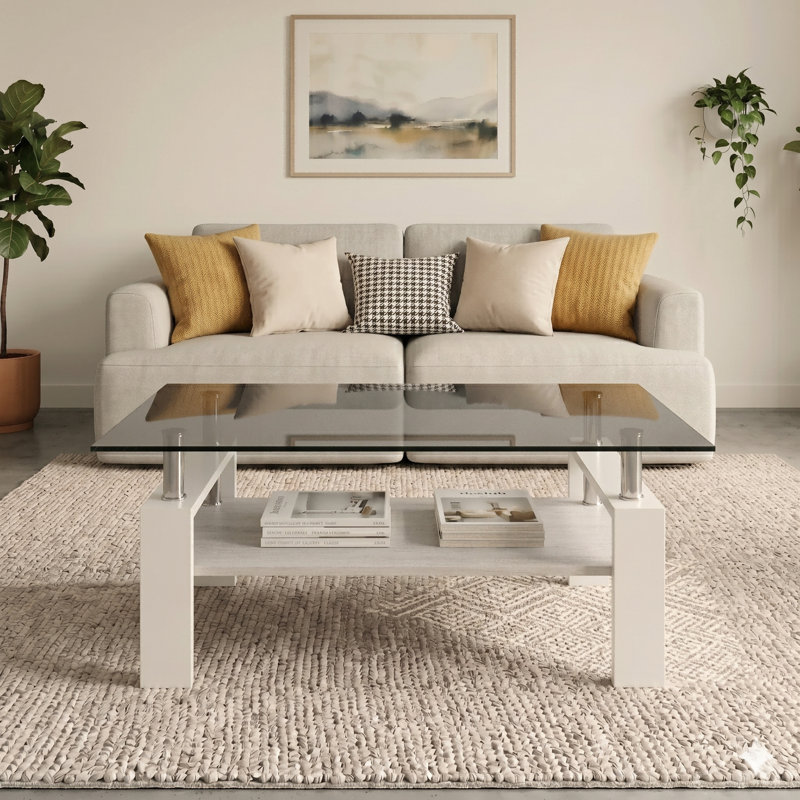 Table basse rectangulaire avec plateau de rangement en verre trempé et panneau de fibres à densité moyenne Fraiya, Blanc