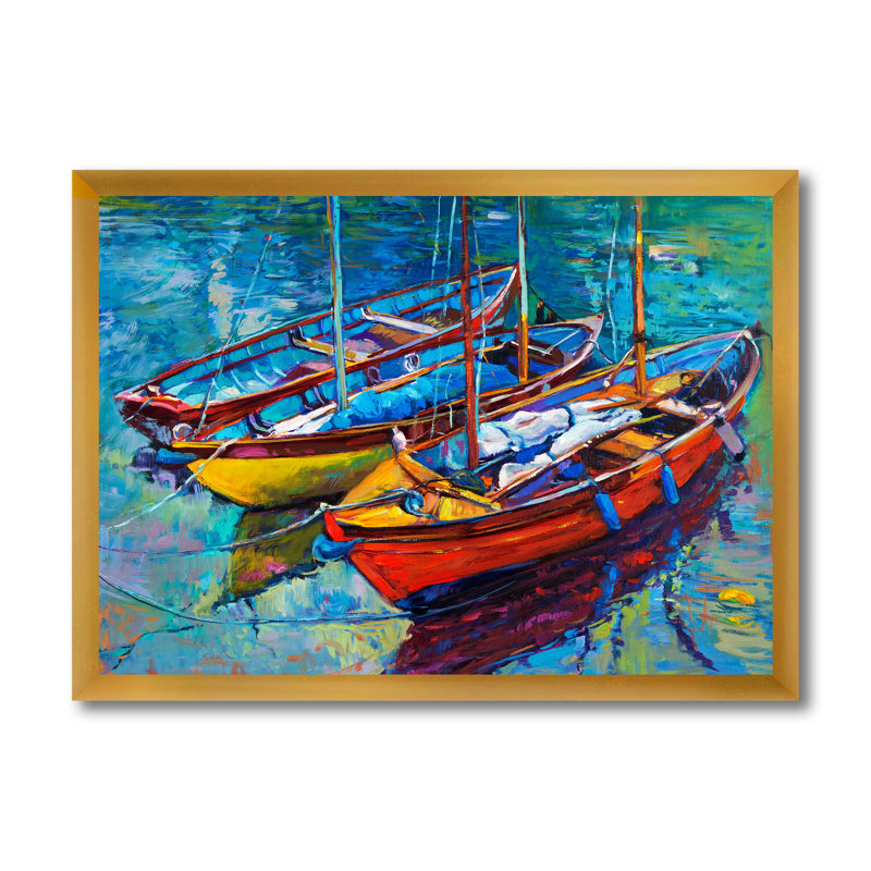 Trois bateaux dans le port - Peinture sur toile, H 16 po x l 32 po x p 1 po, Cadre doré