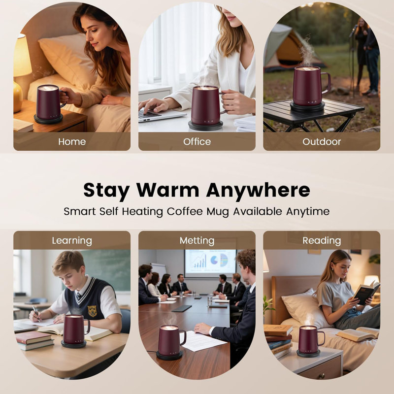 Tasse à café à contrôle de température 14 oz DIDADI, tasse à café auto-chauffante intelligente, chaude jusqu'à 150 ° F, tasse à café chauffée rechargeable, autonomie jusqu'à 6 heures (Claret)
