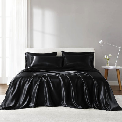 Drap de luxe divisé 7 pièces en satin 100% satin noir, doux et lisse