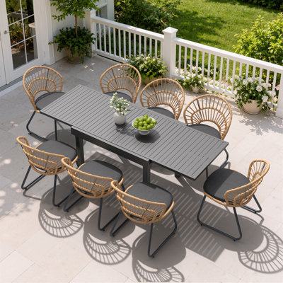 8-Person Metal Outdoor Extendable Dining Set with Aluminum Table, PE Wicker Chairs and Removable Cushions