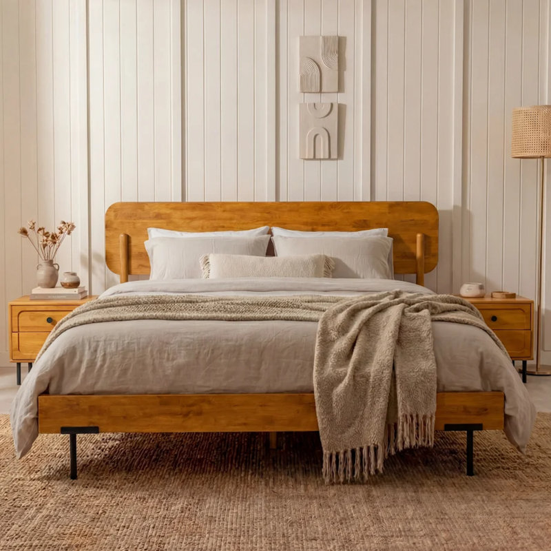King 800 lbs Heavy Duty Solid Wood Platform Bed with Headboard, Premium Scandinavian Bed Frame, Non-Slip Noise-Free, Quick Assembly, Caramel