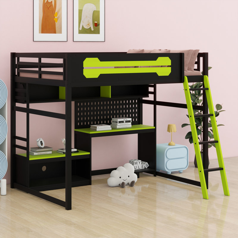 Lit mezzanine en bois avec bureau, Noir/vert