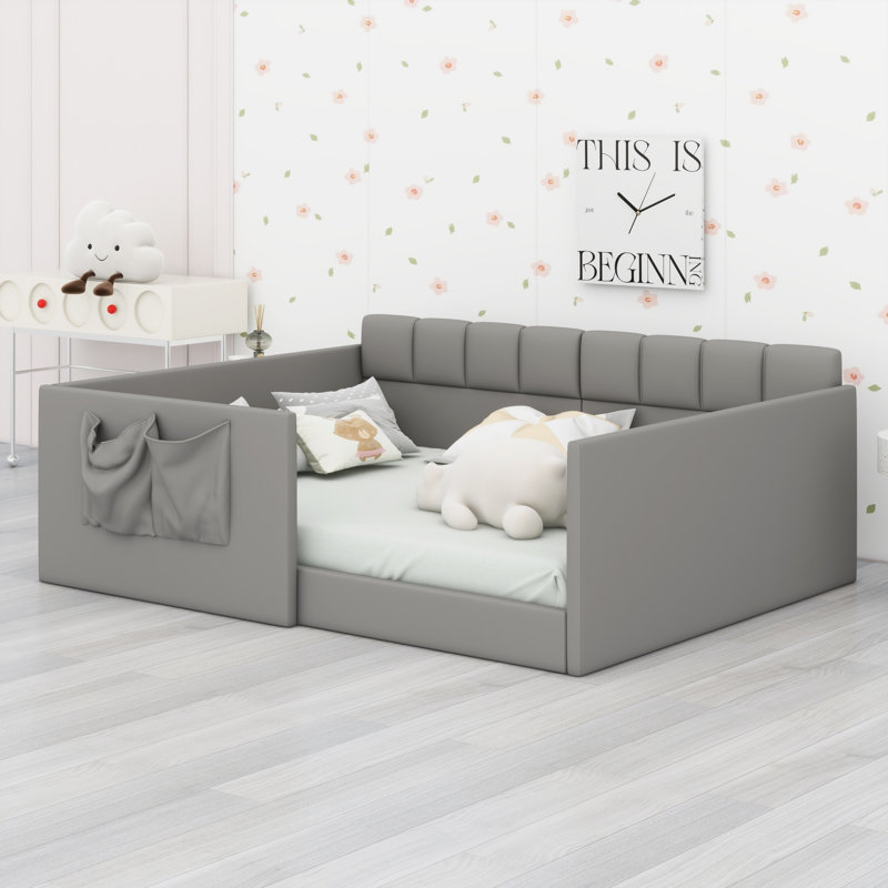 Modern Upholstered Daybed High Side Panels Side Entrance with Built-in Storage Pockets, Gray, Full / Double