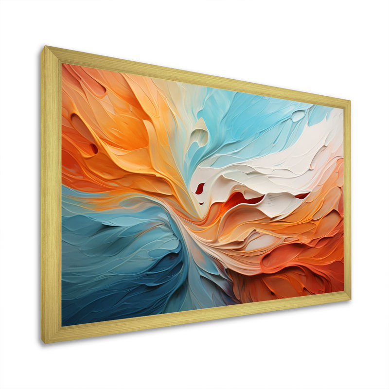Teal Orange Bold Abstract Flow Collage I - Dams Wall Art, 34" H x 44" W x 1.5" D, Gold Single Picture Framed