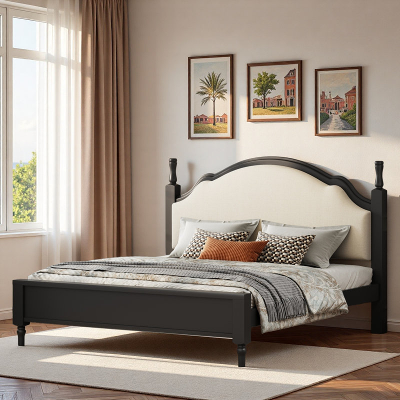 Lit plateforme en bois avec tête de lit tapissier et pieds robustes, Grand lit, Noir / Beige