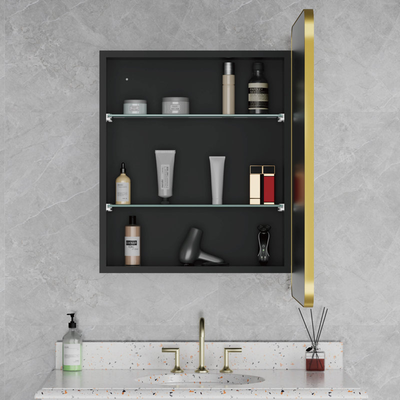 Aris l 16 po x 28 po Pharmacie rectangulaire en H avec miroir, coin rond, étagère murale / encastrée, Doré, Right