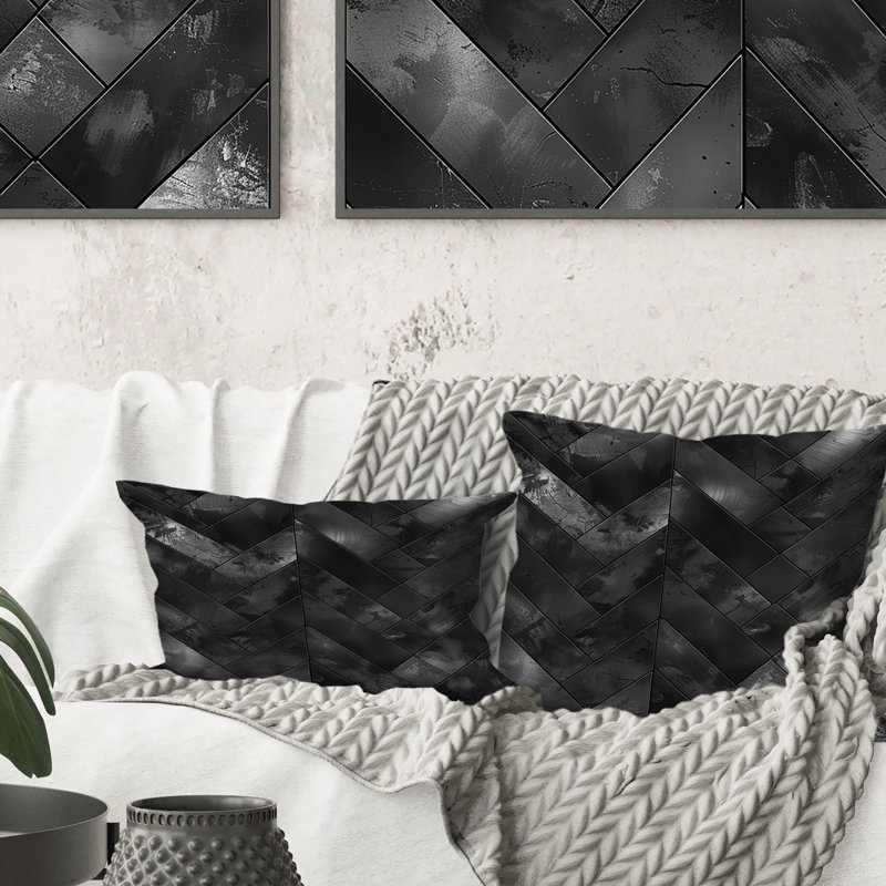 Black Grey Modern Herringbone II - Modern Lumbar Pillow
