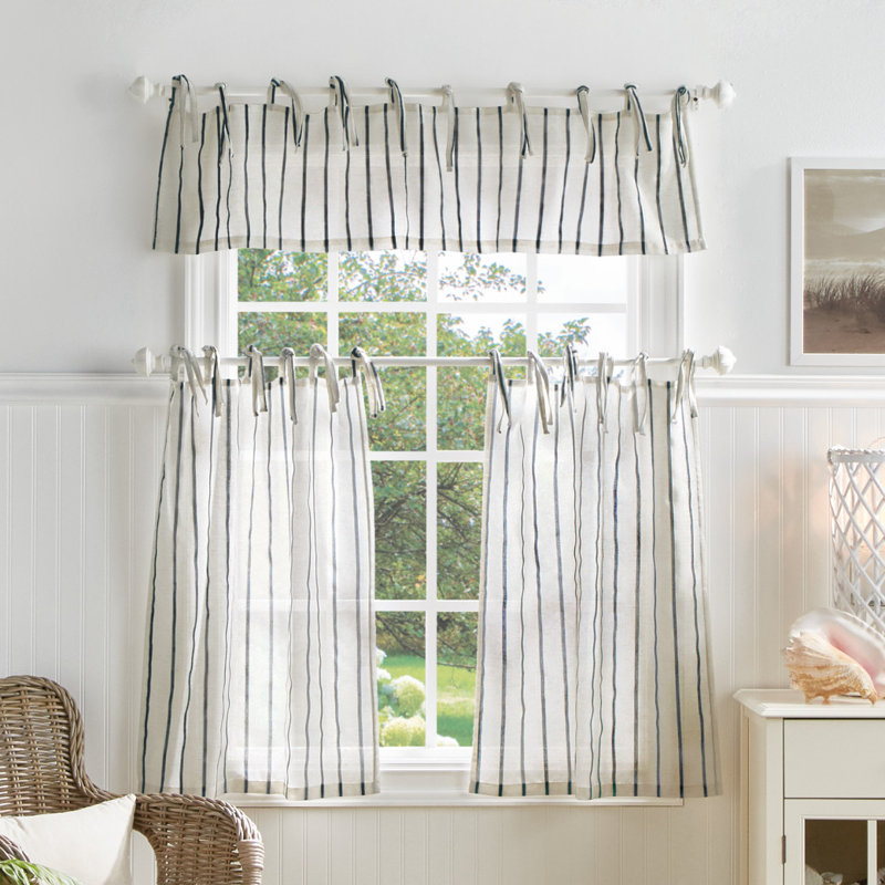 Laguna Semi-Sheer Rod Pocket Kitchen Curtain Valance and Tiers Set, Navy, 56" W x 36" L