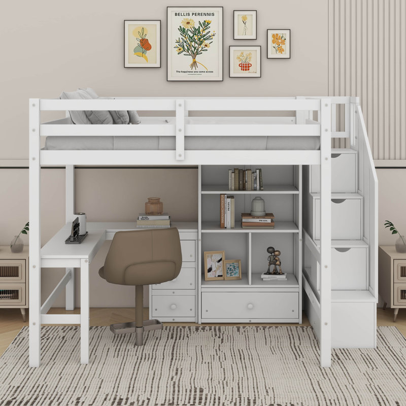 Lit mezzanine double avec bureau et tiroirs, Blanc