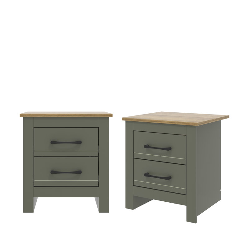 Limestone 2 Drawer Bedside Sets of 2, Kale Green/Brown