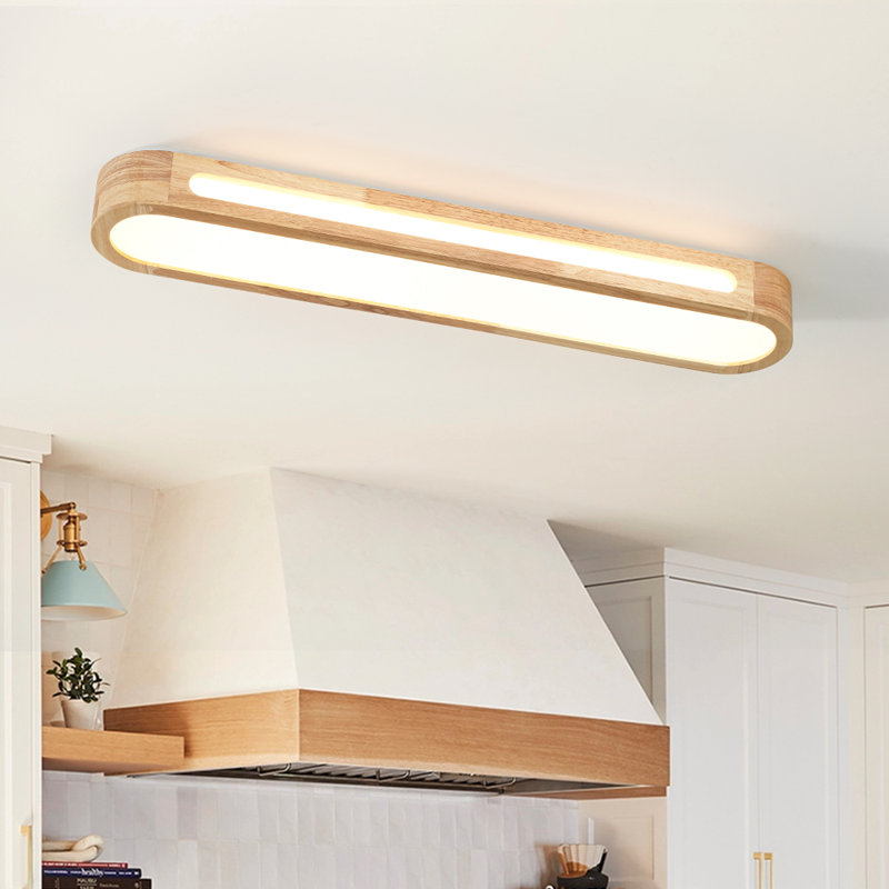 Nordic Side Hollowed Wooden Long Oval Led Flush Mount, 2.8" H x 31.5" W x 5.5" D