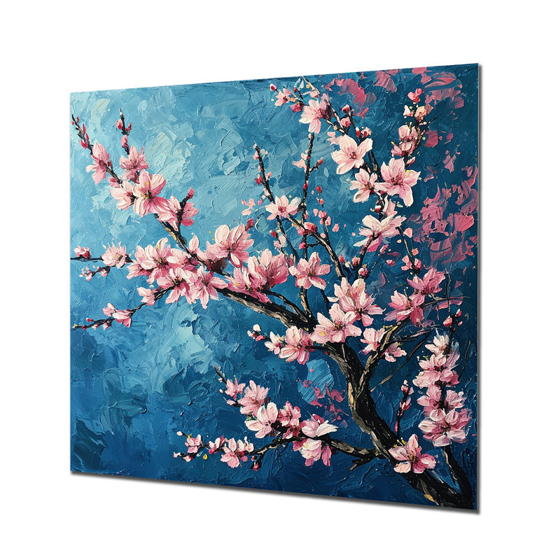 Fleur de cerisier rose sur fond bleu ciel peint - fleur de cerisier, Métal métal, H 30 po x l 30 po x P 1 po