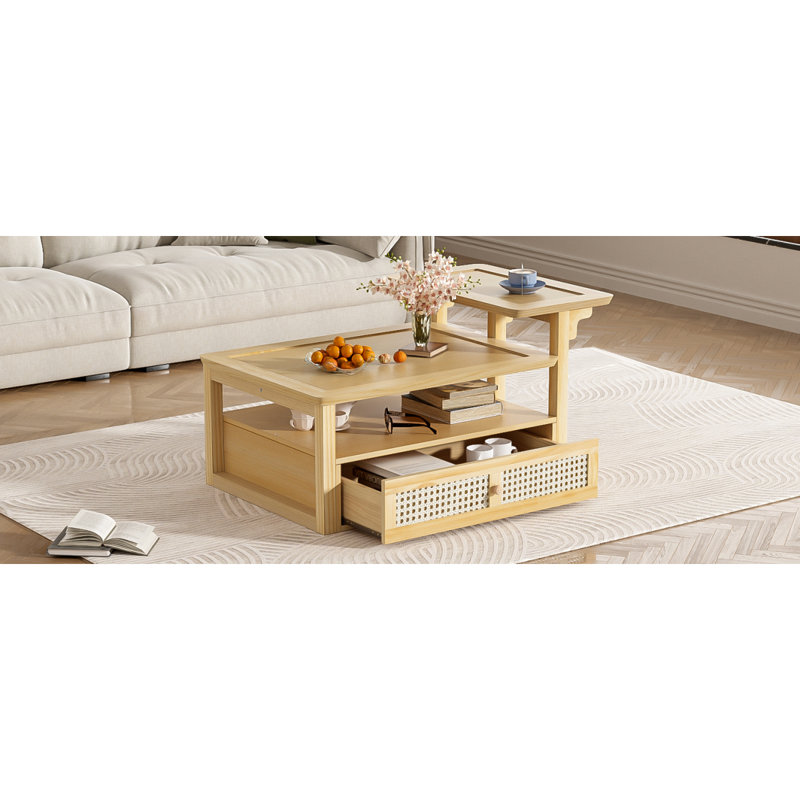 Table basse moderne Ucan, table basse avec 1 tablette de rangement, 2 plateaux de table et 1 tiroir en rotin pour le salon