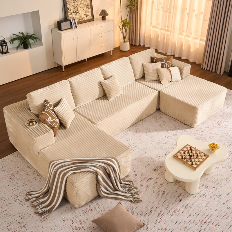 Cloudelle 4-Piece L-Shaped Plush Corduroy Sectional Sofa – Deep Seat, No Assembly, Beige Corduroy