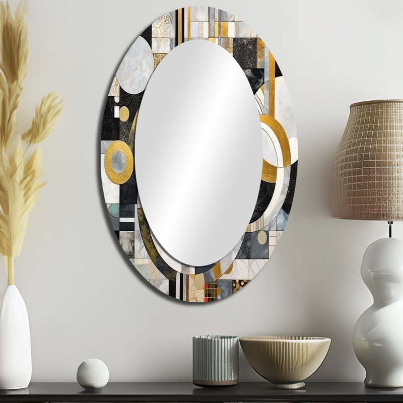 Gold And Black Geometric Illusions - Gold Modern Oval Wall Mirror, 36" x 24"