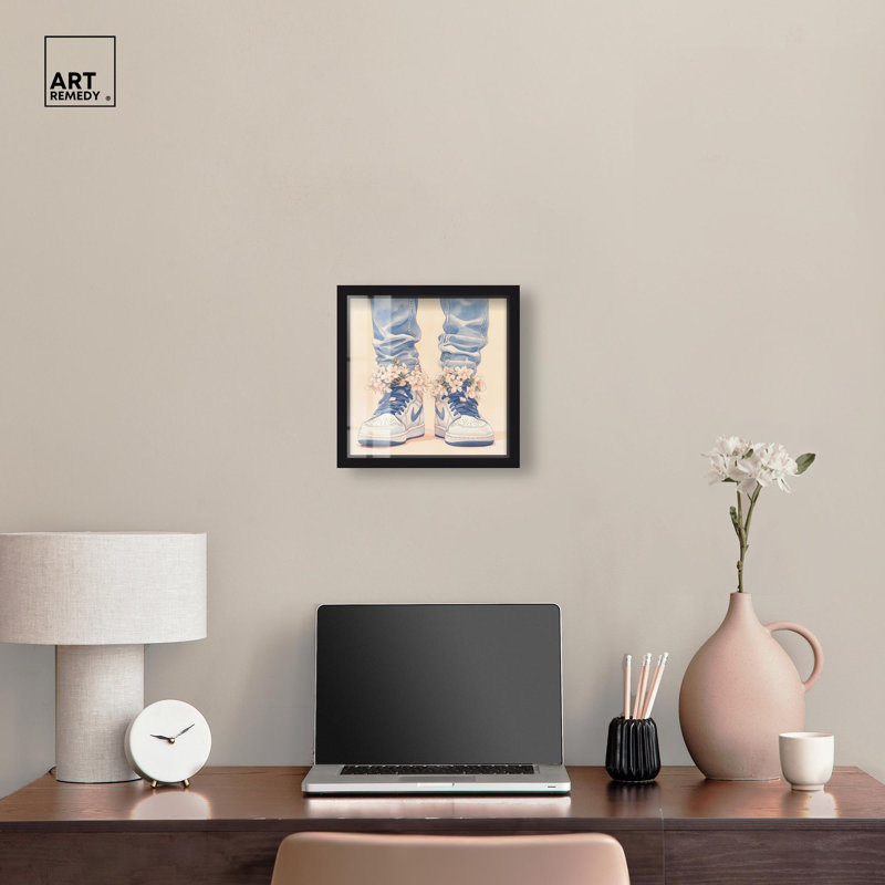 Art mural doux avec espadrilles bleues et fleurs, H 13 po x l 13 po, Noir