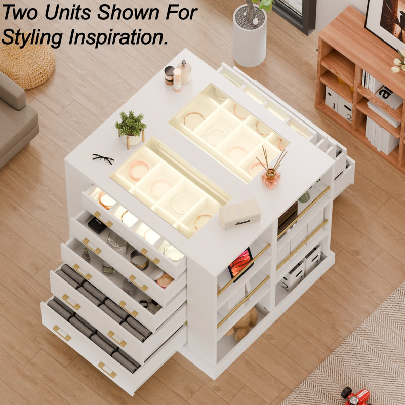 Wide Drawer Dresser for Bedroom with LED Light, Closet Island Chest of Drawers with Glass Top & Double-Sided Storage Shelves, 5 Drawer Dresser, White