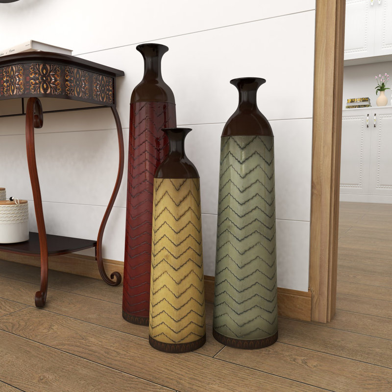 Waltham Multi Colored Metal Tall Enameled Bottleneck Floor Decorative Vase with Chevron Pattern