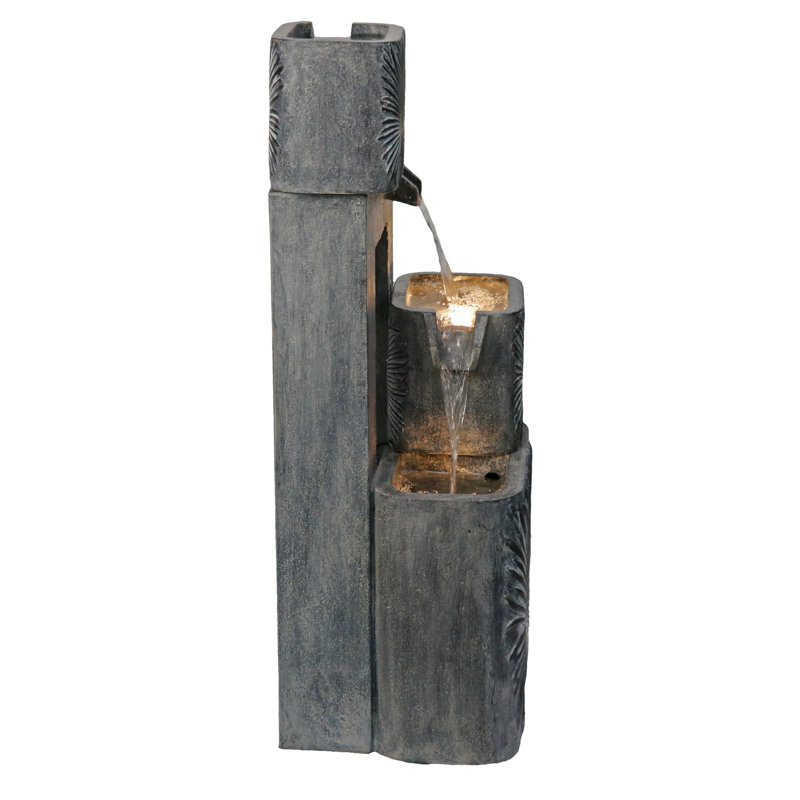 Modern Gray Concrete Tiered Outdoor Fountain with LED Lights