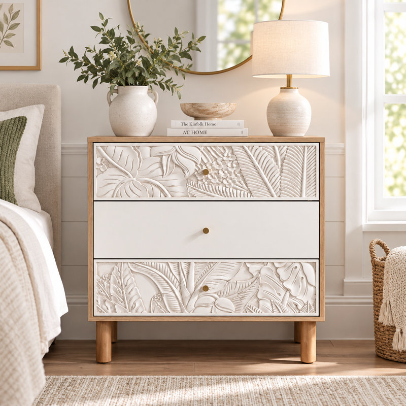 Boho 3-Drawer Dresser with Carved Botanical Drawer Fronts, Natural Wood Finish and White Panels