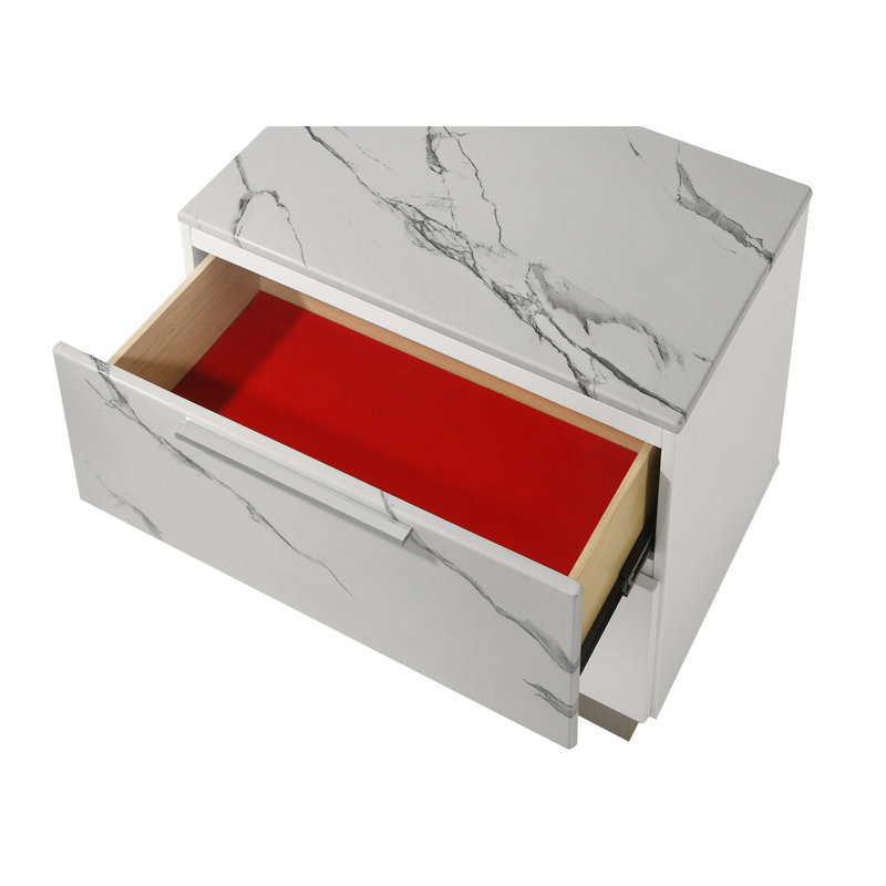 Table de chevet Mist - Finition bicolore très lustrée en marbre et laque avec deux tiroirs (comprend seulement la table de chevet)
