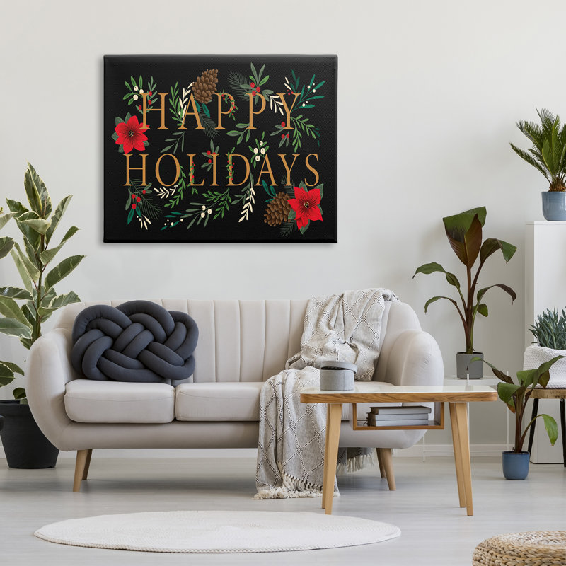 Joyeuses fêtes, accueil, typographie festive, feuillage d'hiver encadré, art texturé noir par Heather Mclaughlin