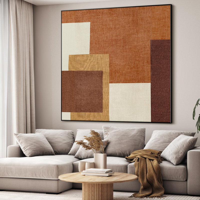 Très grand imprimé mural en tissu - Conception de blocs géométriques rétro en brun et crème pour une décoration de salon ou de chambre à coucher - «Assemblage requis du cadre (cadre non fini)»