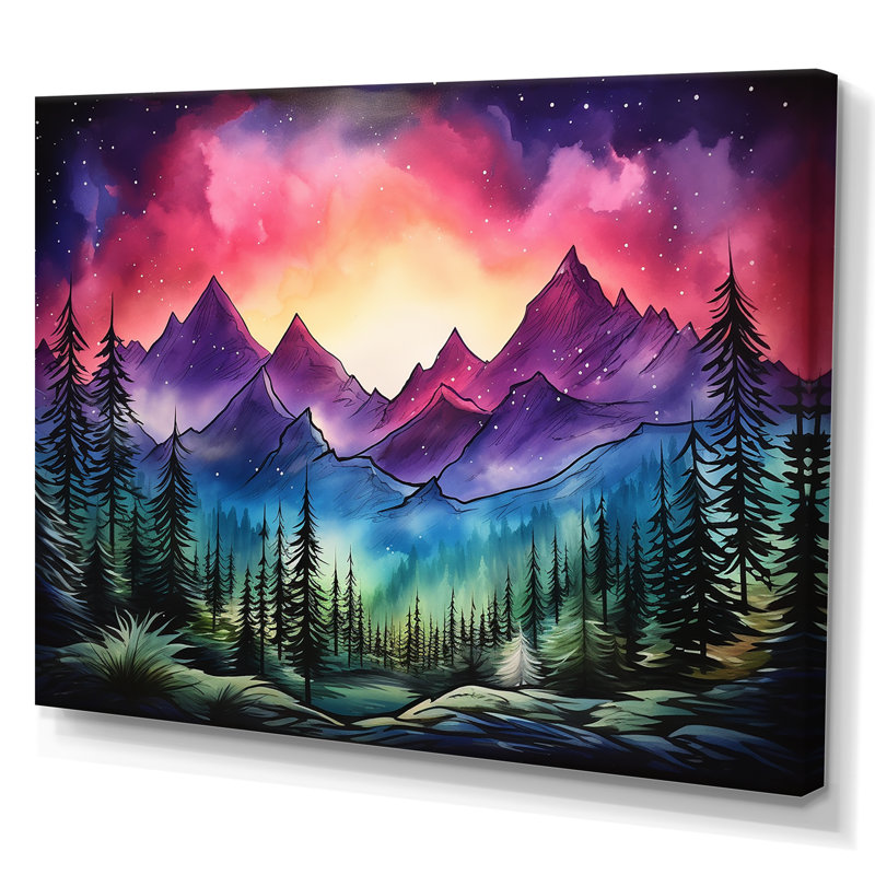 «Mauve Aurora Borealis Mountains II - Winter Mountains», art mural, Toile tendue, H 24 po x l 32 po x P 1 po
