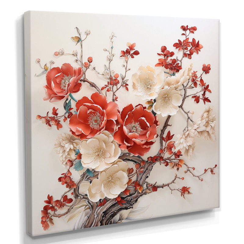 Anémone blanche et rouge, style chinois rétro - art mural floral, Toile tendue, H 16 po x l 16 po x P 1 po