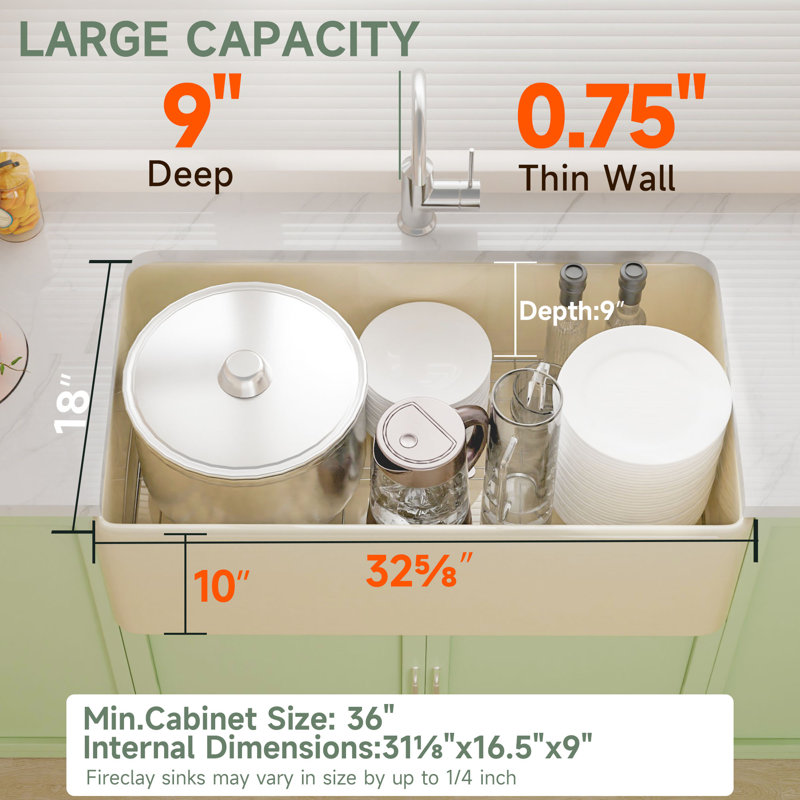 Bllo 33" L x 18" W Fireclay Apron Front Farmhouse Sink for Kitchen, Single Bowl Bone Farm Sink, Included 2 Custom Accessories
