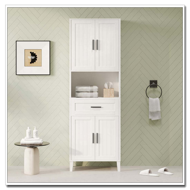 Grande armoire de salle de bain autoportante avec tiroir, 2 armoires, 4 portes à fermeture douce, 2 tablettes réglables, rangement ouvert
