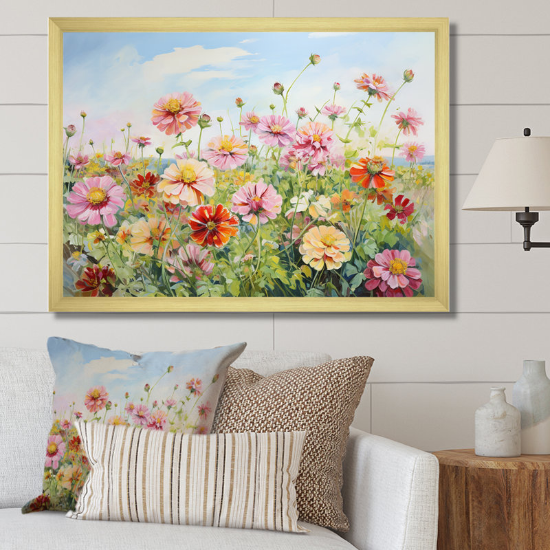 Zinnias Country Charm sur toile, Cadre doré simple, H 30 po x l 40 po x P 1,5 po