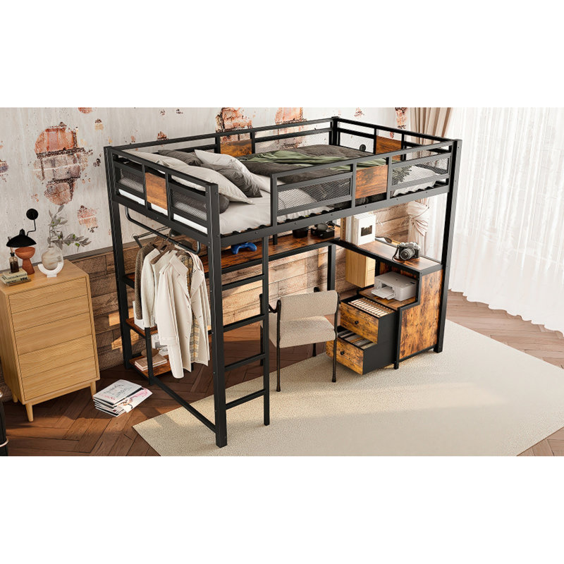 Lit mezzanine double compact avec bureau et rangement en métal, conception moderne pour la maison