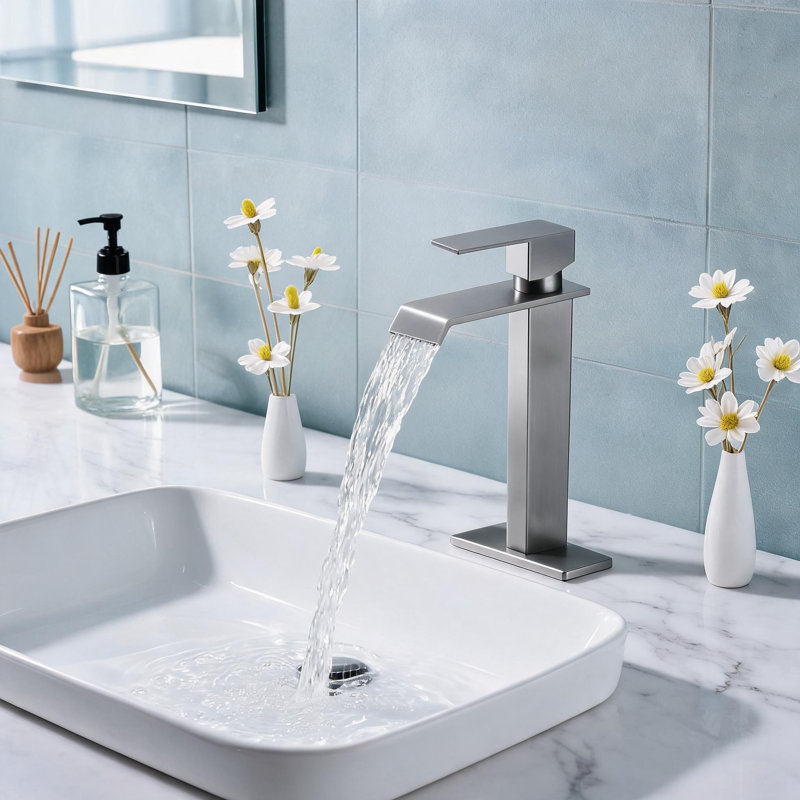 Robinet de lavabo de salle de bain à poignée simple en nickel brossé avec flux laminaire