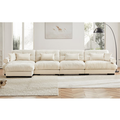 L Shaped Sectional Cloud Sofa , Convertible Deep 4 Seater Modular Couch For Living Room,Modern Velvet Comfy Upholstered Corner Couch  Waist Pillows, Throw Pillows And Blostered Armrests,Cream