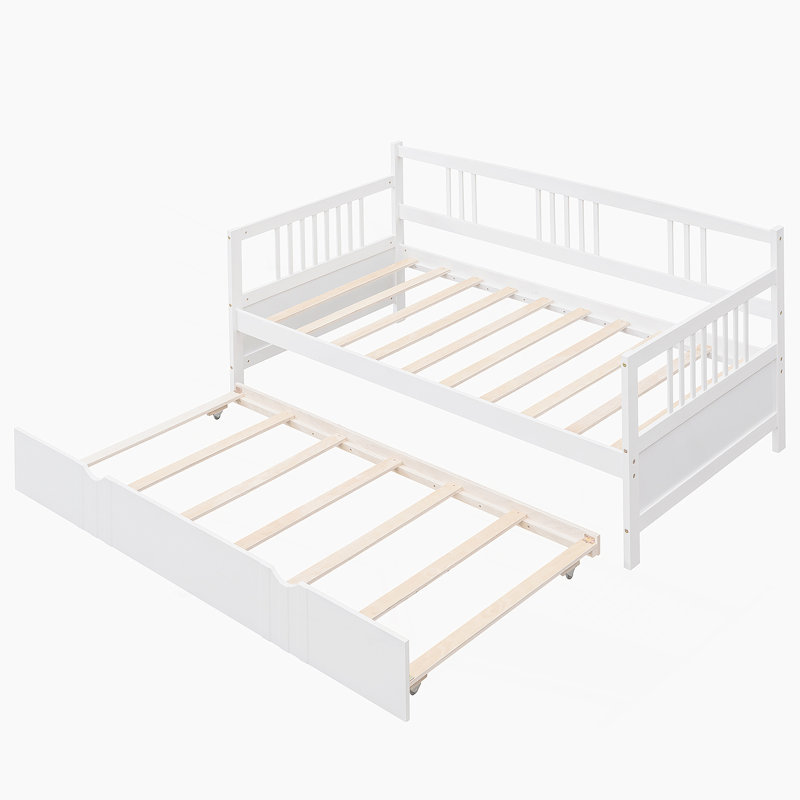 Lit de jour en bois avec lit gigogne simple, Simple, Blanc