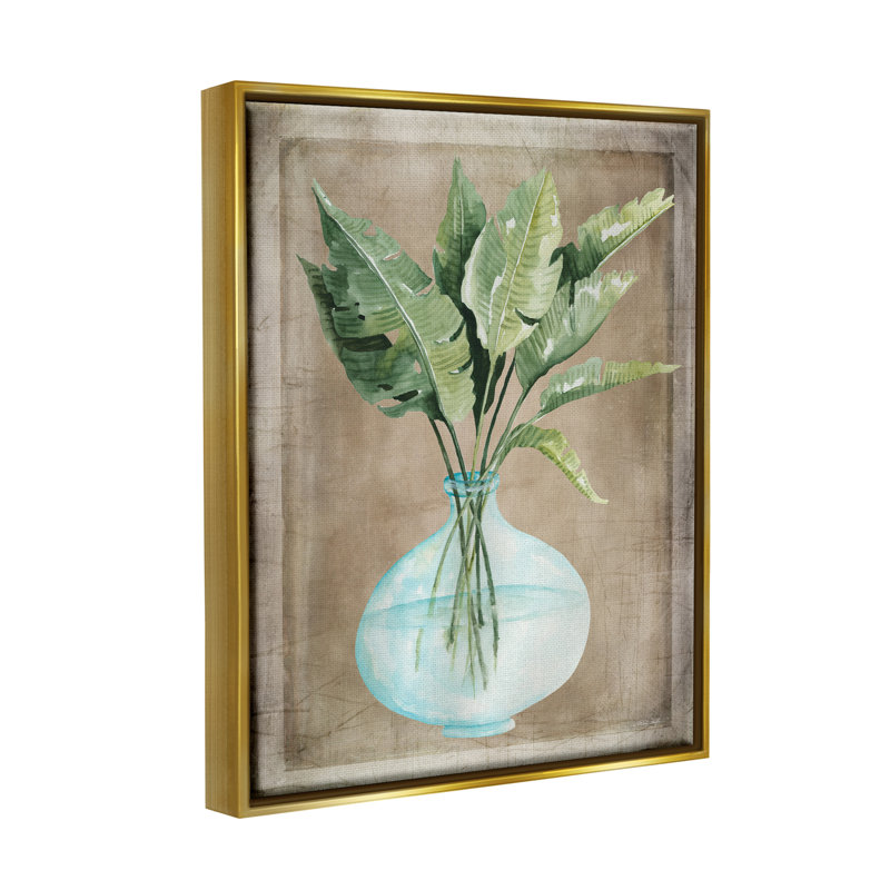 «Green Plant Leaves» dans un vase en verre avec bordure rustique par Cindy Jacobs - peinture sur toile avec cadre flottant