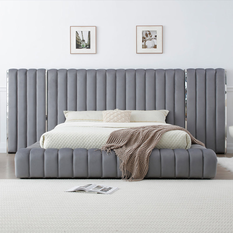 Lit plateforme tapissier Avalon, Gris, Très grand